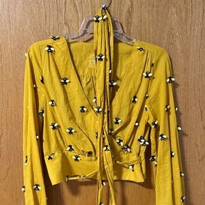 Maeve by Anthropologie Mustard Bee Embellished Wrap Top